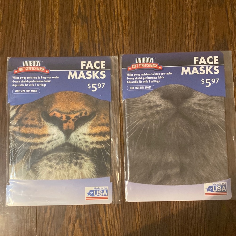Unibody Face Masks, Bundle of 2, One tiger and one gray cat.
